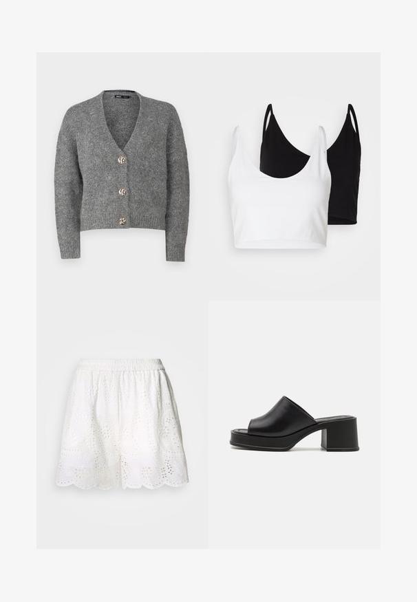 ONLY Petite ONLZOEY CARDIGAN - Neuletakki - dark grey melange; Kaksi puuvillapaitaa valkoisena ja mustana. Kummassakin on syvä kaula-aukko ja ohuet olkaimet, ja ne ovat sileitä sekä pehmeitä.; Cras Shortsit - white; Mustat nahkaiset platform-mulongit, joissa on pyöreä avoin varvas, matala lohkarekorko ja sileä pinta. Minimalistinen muotoilu, jossa on sulavat linjat.
