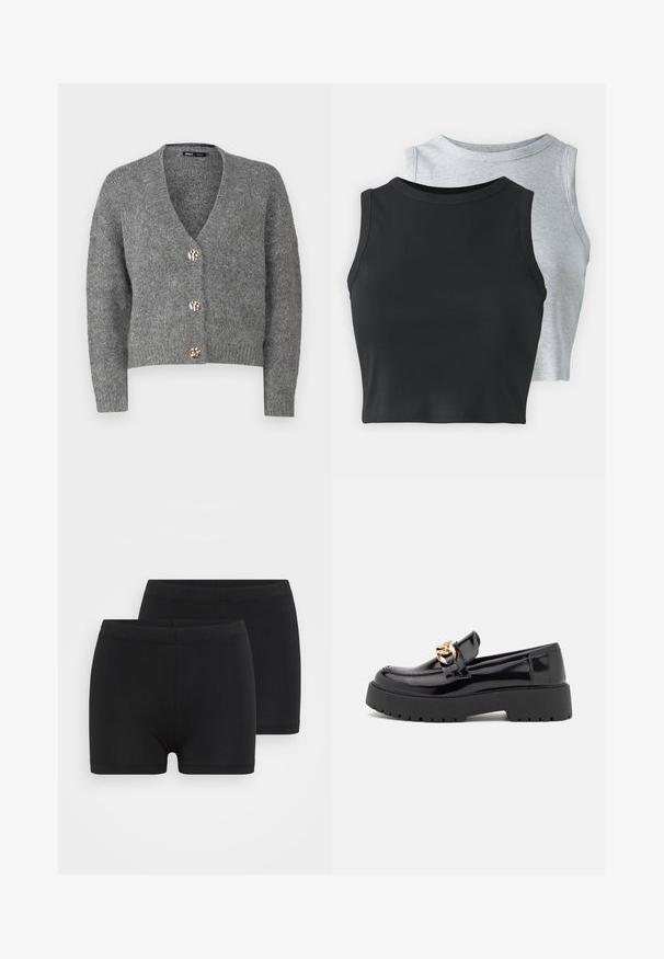 ONLY Petite ONLZOEY CARDIGAN - Cardigan - dark grey melange; Even&Odd Petite 2 PACK - Top - light grey/black; Black cotton shorts with an elastic waistband, featuring a smooth texture and a simple, streamlined design. Pack includes two pairs.; Black patent leather loafers with a chunky black sole and gold hardware detailing. Smooth texture and rounded toe design.