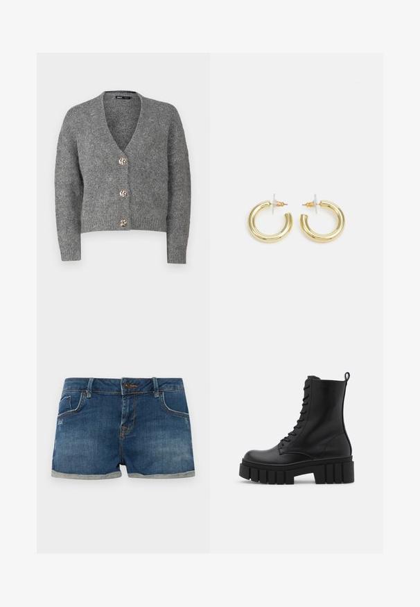 ONLY Petite ONLZOEY CARDIGAN - Casaco de malha - dark grey melange; Even&Odd Petite 2 PACK - Top - light grey/black; Calções de ganga, lavagem azul escura, design de cinco bolsos, bainhas dobradas, fecho de botão único, costura em contraste, ligeira descoloração na textura do tecido.; Bota ankle de couro preto com sola robusta e estriada, frente com atacadores e alça na parte de trás, sobre fundo branco liso.; Brincos em argola dourados com um acabamento liso e brilhante. Design circular com um pequeno pino e suporte transparente para um uso seguro.