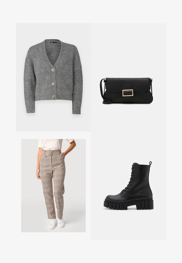 ONLY Petite ONLZOEY CARDIGAN - Cardigan - dark grey melange; Even&Odd Petite 2 PACK - Top - light grey/black; High-waisted plaid trousers in beige with blue and orange accents, featuring a belt detail, straight leg design, and smooth fabric texture.; Black leather ankle boot with chunky, ridged sole, lace-up front, and pull tab on smooth white background.; Black leather clutch bag with a flap and a gold metal buckle detail. Includes a black strap and a sleek, minimalist design.; Gold hoop earrings with a smooth, shiny finish. Circular design featuring a small post and clear backing for secure wear.