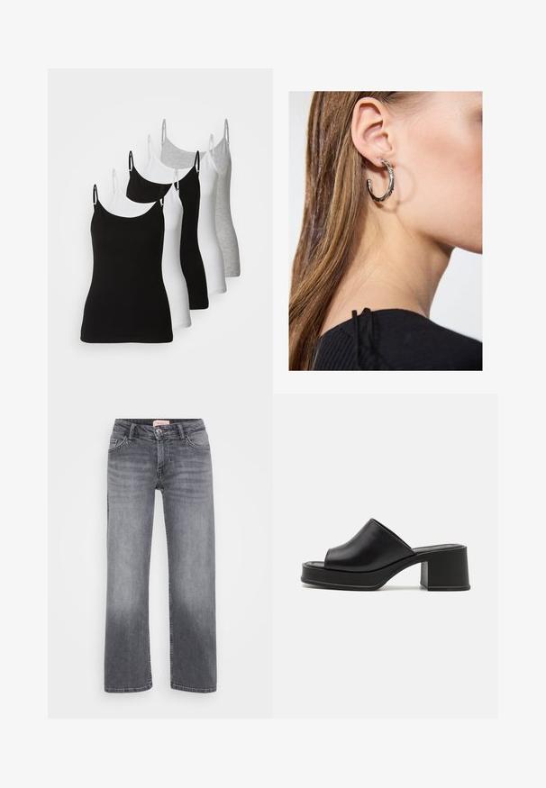ONLY Petite ONLZOEY CARDIGAN - Kardigan - dark grey melange; Pět bezrukávových topů v černé, bílé a světle šedé barvě. Vyrobené z hladké, elastické látky s nastavitelnými ramínky a kulatými výstřihy.; Šedé džíny z denimu se středně širokým střihem, stylem s pěti kapsami, jemným vyblednutím a zapínáním na knoflík v pase.; Černé kožené platformové muly s kulatou otevřenou špičkou, nízkým blokovým podpatkem a hladkým povrchem. Minimalistický design s elegantními liniemi.; Stříbrný kruhový náušník s lesklým povrchem, zdobený malými zlatými akcenty, v kulatém tvaru, nošený na lalůčku.