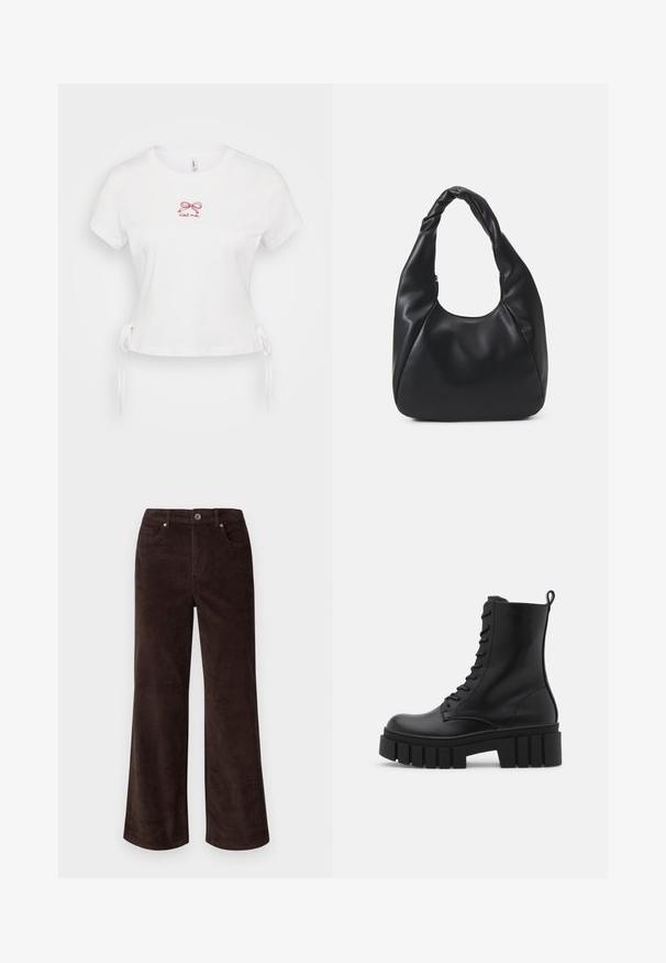 ONLY Petite ONLZOEY CARDIGAN - Kardiganas - dark grey melange; Balta medvilninė marškinė su trumpos rankovėmis, trumpa forma, šoninėmis rišimo juostelėmis ir raudonu siuvinėjimu, kuriame pavaizduota kaspinas ir frazė "c'est moi."; Vero Moda Petite VMTESSA PANTS - Kelnės - chocolate torte; Juodos odinės kulkšnės botai su masyviu, dantytu padu, raištelių užsegimu priekyje ir kilpeliu ant sklandaus balto fono.; Juodas hobo krepšys, pagamintas iš lygaus odos panašaus materiaus, su susuktos rankenos, turintis minkštą, apvalią formą ir viršutinį užtrauktuką.; Aukso auskarai su lygiu, blizgiu paviršiumi. Apvalus dizainas su maža užrakto dalimi ir skaidria atrama saugiam nešiojimui.
