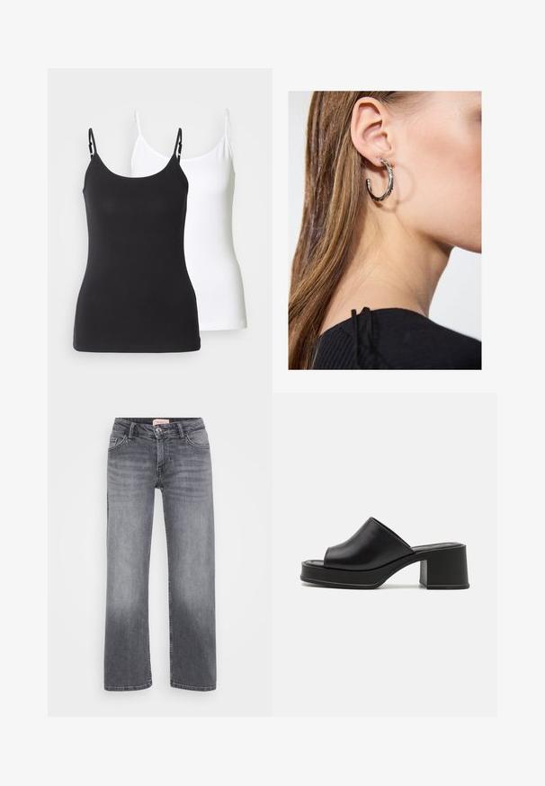 ONLY Petite ONLZOEY CARDIGAN - Neuletakki - dark grey melange; Mustat ja valkoiset puuvillaiset toppitunikat, joissa on säädettävät ohuet hihnat, muotoiltu malli ja sileä pinta.; Harmaat farkut, suoran lahkeen muotoilulla, viidellä taskulla, hienovaraisella haalistumisella ja nappikiinnityksellä vyötäröllä.; Mustat nahkaiset platform-mulongit, joissa on pyöreä avoin varvas, matala lohkarekorko ja sileä pinta. Minimalistinen muotoilu, jossa on sulavat linjat.; Hopea renkaankorvakoru kiiltävällä pinnalla, jossa on pieniä kultaisia yksityiskohtia ja pyöreä muoto, käytetty korvalla.