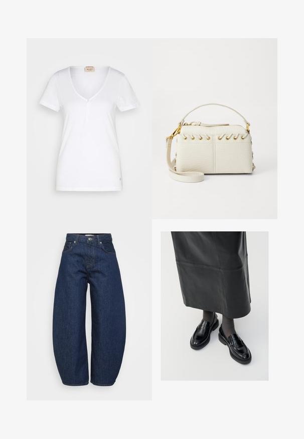 ONLY Petite ONLZOEY CARDIGAN - Chaqueta de punto - dark grey melange; Mos Mosh BASIC TEE - Camiseta básica - white; Jeans de mezclilla oscuros de tiro alto con piernas anchas, cierre frontal con botón y cremallera, y diseño clásico de cinco bolsillos.; Mocasines de cuero negro con un acabado suave, que presentan una tira decorativa, puntera redonda y suela texturizada. Llevados con una falda larga de cuero negro.; Bolsa de mano de imitación cuero blanca que presenta una cremallera superior, un asa corta y una correa de hombro desmontable con herrajes en tono dorado. Detalle de cordones en los lados.; Pendiente de aro de plata con un acabado pulido, que presenta pequeños detalles en dorado y una forma redonda, llevado en el lóbulo.