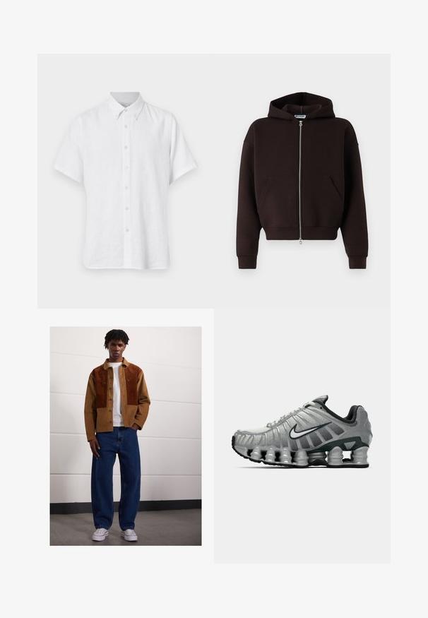 Barna cipzáros kapucnis sweatshirt, puha anyagból készült, húzózsinórral ellátott kapucnival, elülső zsebekkel és bordázott mandzsettákkal és aljjal.; Fehér, rövid ujjú ing, könnyű len anyagból. Jellemzője a hegyes gallér és hét gomb az elején. Egyszerű dizájn, látható minták nélkül.; Férfi áll bent egy barna kordbársony dzsekiben rozsdás foltokkal, fehér pólóban, laza kék farmerben és fehér sportcipőben.; Szürke és fekete Nike futócipő, látható rugós párnázással a talp alatt és fehér swoosh logóval az oldalon.