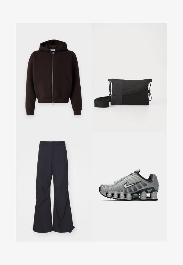 Brauner Reißverschluss-Hoodie aus weichem Material, mit einer Kapuze mit Kordelzug, Fronttaschen und gerippten Bündchen sowie Saum.; Weißes Baumwoll-Trägershirt mit Rundhalsausschnitt, breiten Trägern und geradem Saum, das eine glatte Textur aufweist und keine sichtbaren Muster hat.; Marineblaue Schlaghosen aus einem glatten Stoff, mit zwei Vorderaschen und Zugband-Akzenten am Saum. Sauberes, maßgeschneidertes Design ohne Verzierungen.; Grauer und schwarzer Nike-Laufschuh mit sichtbarer federähnlicher Dämpfung unter der Sohle und einem weißen Swoosh-Logo an der Seite.; Schwarze Schultertasche aus strukturiertem Stoff, mit diagonaler Gestaltung, verstellbarem Riemen und Kordelzugverschluss an den Seiten.
