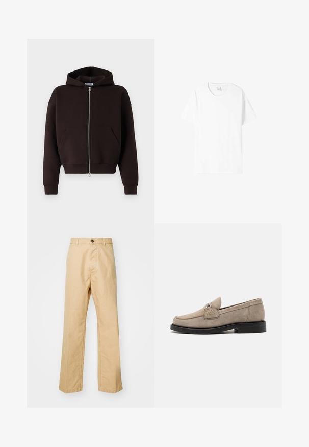 Brown zip-up hoodie gemaakt van zacht materiaal, met een capuchon met trekkoord, frontzakken en geribbelde manchetten en onderrand.; Witte katoenen T-shirt met korte mouwen, ronde hals en een ontspannen pasvorm. Gladde textuur, geen patronen of graphics, minimale branding op het label.; Khaki chino's met een rechte pasvorm, gemaakt van katoen, met een sluiting met een knop aan de voorkant en ceintuurlussen. Glad oppervlak, zonder patroon.; Beige suède loafers met een vlakke zwarte zool, voorzien van een decoratieve zilveren gesp en subtiele stiksels op de bovenkant.