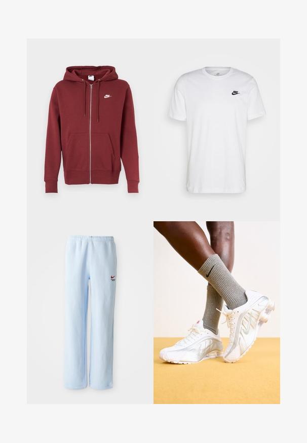 Maron zip-up hettegenser laget av sweatshirt-stoff, med snorhette, frontlommer og en hvit Nike-logo på øvre venstre bryst.; Hvit bomulls T-skjorte med rund hals, korte ermer og en svart Nike-logo på venstre bryst. Enkel, ensfarget design.; Lyseblå joggebukser med elastisk midje, med en liten rød Nike-logo og teksten "Athletic Department". Mykt bomullsmateriale.; Nike-sneakers i hvitt med sølvdetaljer, med teksturerte paneler og perforeringer. Kombinert med grå ribbestrikkede sokker, satt mot en gul bakgrunn.
