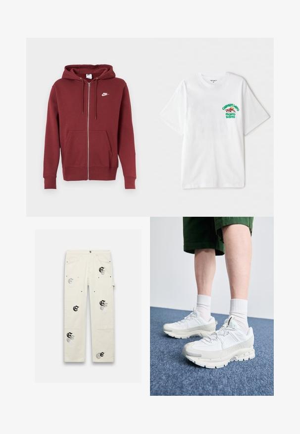 Bordo zip-up gobtukas, pagamintas iš džinsinio audinio, turi raištelių kapisoną, priekinės kišenes ir baltą Nike logotipą kairėje viršutinėje krūtinės pusėje.; Balta medvilninė marškinėlių su trumpomis rankovėmis, kuriuose kairėje krūtinės pusėje yra žaliai raudonas grafikos tekstas "cashart Who Pronto Subito."; Šviesiai smėlinės cargo kelnės su keliais kišenėmis, papuoštos juodais ir sidabriniais grafikos raštais. Pagamintos iš tvirto audinio, turi laisvą prigludimą.; Baltos sportinės bateliai su tekstūruotais uždengimais, masyviu padu ir pilkais akcentais. Dėvimi su baltais trumpais kojiniais ir žaliais šortais mėlyname paviršiuje.