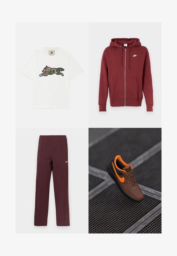 Μπορντό φούτερ με φερμουάρ, φτιαγμένο από ύφασμα φούτερ, διαθέτει κουκούλα με κορδόνι, μπροστινές τσέπες και λευκό λογότυπο Nike στην άνω αριστερή πλευρά του στήθους.; Λευκό βαμβακερό μπλουζάκι με μεγάλο γραφικό λαγωνικό που πηδά σε χρώματα καμουφλάζ, περιγραμμένο σε μαύρο. Κοντά μανίκια και στρογγυλή λαιμόκοψη.; Μπορντό φόρμες με μαλακή υφή, τσέπες με φερμουάρ στα πλάγια και ένα λευκό στρώμα με κείμενο κατά μήκος των εξωτερικών ραφών. Λογότυπο Nike σε χρυσό.; Καφέ δερμάτινα αθλητικά παπούτσια με πορτοκαλί λεπτομέρειες, στρογγυλή μύτη, σχέδιο με κορδόνια και υφή στην επιφάνεια. Πράσινη καουτσούκ σόλα με ορατό λογότυπο "AIR".