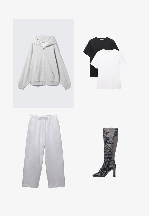 Felpa grigia con zip, ampia cappuccio, vestibilità oversize, tasca a marsupio, polsini e orlo a coste. Realizzata in morbido tessuto di cotone testurizzato.; Due magliette girocollo, una nera e una bianca. Realizzate in morbido cotone, con maniche corte e un design semplice e classico.; Pantaloni da jogging larghi grigi chiari con vita elasticizzata e cuciture a vista su sfondo bianco.; Stivale nero a paillettes, alto fino al ginocchio, con punta affilata, tacco strutturato e texture arricciata lungo il fusto per una silhouette aderente.