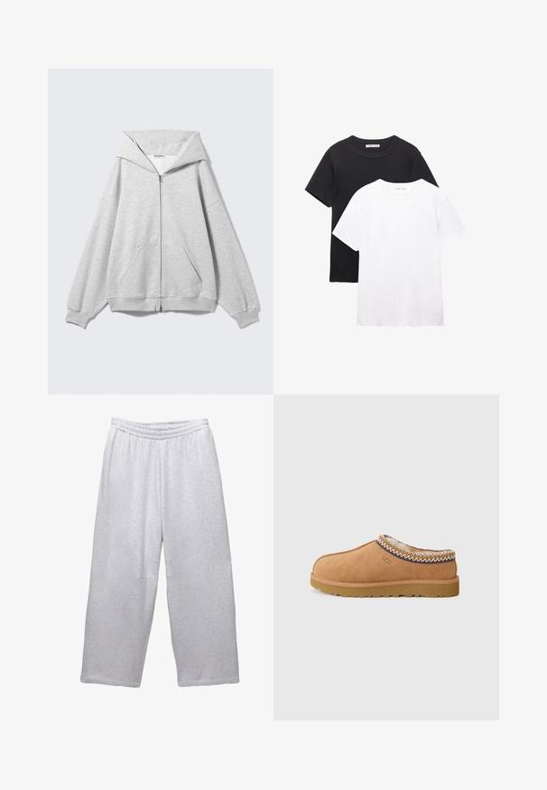 Felpa grigia con zip, ampia cappuccio, vestibilità oversize, tasca a marsupio, polsini e orlo a coste. Realizzata in morbido tessuto di cotone testurizzato.; Due magliette girocollo, una nera e una bianca. Realizzate in morbido cotone, con maniche corte e un design semplice e classico.; Pantaloni da jogging larghi grigi chiari con vita elasticizzata e cuciture a vista su sfondo bianco.; Scarpa slip-on in suede beige con una fodera in lana testurizzata e cuciture decorative in stile etnico attorno al colletto. Presenta una suola in gomma.