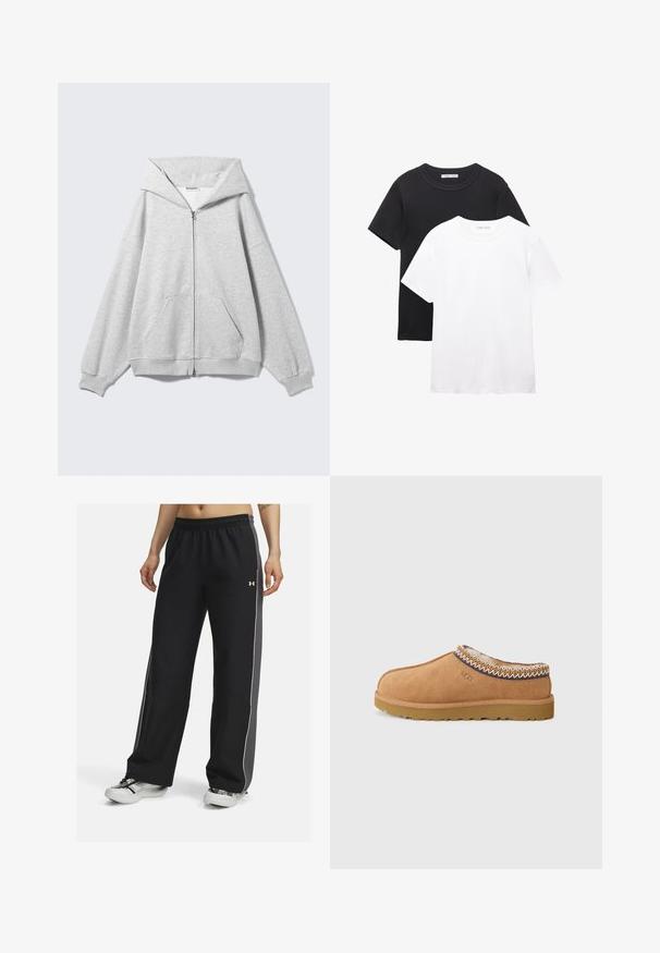 Szara bluza z kapturem zapinana na zamek, z dużym kapturem, luźnym krojem, kieszenią typu kangur, ściągaczami na mankietach i dole. Wykonana z miękkiej, teksturowanej bawełnianej tkaniny.; Dwie koszulki z okrągłym dekoltem, jedna czarna, a druga biała. Wykonane z miękkiej bawełny, z krótkimi rękawami i prostym, klasycznym designem.; Czarne spodnie sportowe z elastycznym pasem, kontrastowymi szarymi panelami bocznymi, białym wykończeniem i luźnym krojem, wykonane z gładkiego materiału.; Beżowe zamszowe buty wsuwane z teksturowaną wełnianą podszewką i dekoracyjnym etnicznym haftem wokół kołnierza. Posiadają gumową podeszwę.