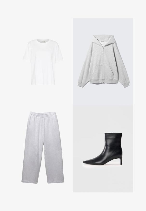 Grauer Zip-up-Hoodie mit großem Kapuzen, oversized Passform, Kängurutasche, gerippten Bündchen und Saum. Hergestellt aus weichem, strukturiertem Baumwollstoff.; Weißes Baumwoll-T-Shirt mit lockerer Passform, kurzen Ärmeln, Rundhalsausschnitt und kleinem Herzlogo auf der linken Brustseite. Glatte Textur.; Hellgraue, weit geschnittene Sweatpants mit elastischem Bund und gesteppten Nähten vor einem weißen Hintergrund.; Schwarze Leder-Stiefelette mit spitz zulaufender Zehenpartie, schlankem Design und zierlichem Kitten-Absatz. Glatte Textur ohne sichtbare Verzierungen.
