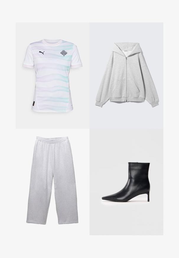 Sivá mikina na zips s veľkou kapucňou, nadrozmerným strihom, klokanie vrecko, rebrované manžety a lem. Vyrobená z jemnej, textúrovanej bavlnenej látky.; Biely futbalový dres s krátkym rukávom s jemnými pastelovými vlnitými pruhmi, vyšitým logom na hrudi a kontrastnými lemami goliera a rukávov.; Svetlé šedé voľné tepláky s elastickým pásom a šitými švami na bielom pozadí.; Čierna kožená členková obuv s špicatou špičkou, elegantným dizajnom a štíhlým podpätkom. Hladká textúra bez viditeľných ozdôb.