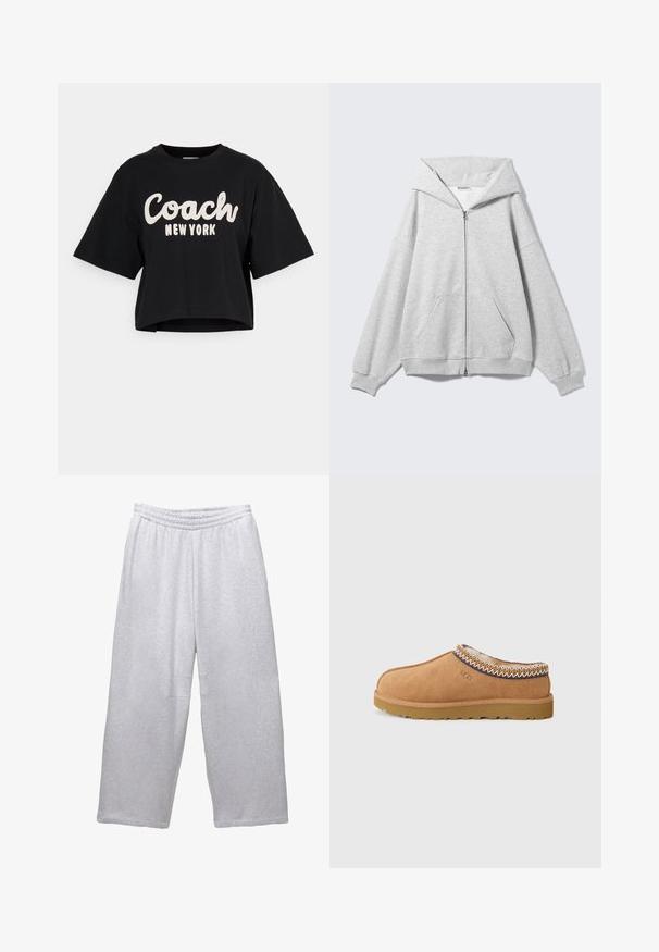 Grijze hoodie met rits en grote capuchon, oversized pasvorm, kangoeroezak, geribbelde manchetten en zoom. Gemaakt van zachte, gestructureerde katoenen stof.; Zwarte cropped t-shirt van katoen, met grote witte tekst "Coach New York" op de voorkant en korte mouwen. Gladde textuur.; Lichtgrijze ruime sweatpants met elastische tailleband en gestikte naden op een witte achtergrond.; Tan suede instapschoen met een gestructureerde wollen voering en decoratieve etnische stiksel rond de kraag. Voorzien van een rubberen zool.