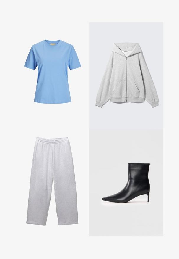 Siva dukserica na patentni zatvarač s velikim kapuljačom, prostranim krojem, kangaroo džepom, rebrastim manžetama i rubom. Izrađena od mekog, teksturiranog pamučnog materijala.; Svijetloplava majica s kratkim rukavima napravljena od mekog pamuka. Klasičan okrugli izrez s opuštenim krojem i bez vidljivih uzoraka ili detalja.; Svijetlosive široke trenirke s elastičnom gumom u struku i ušivenim šavovima na bijeloj pozadini.; Crna kožna čizma do gležnja s šiljastim vrhom, elegantnog dizajna i vitkim potpeticama. Glatka tekstura bez vidljivih ukrasa.