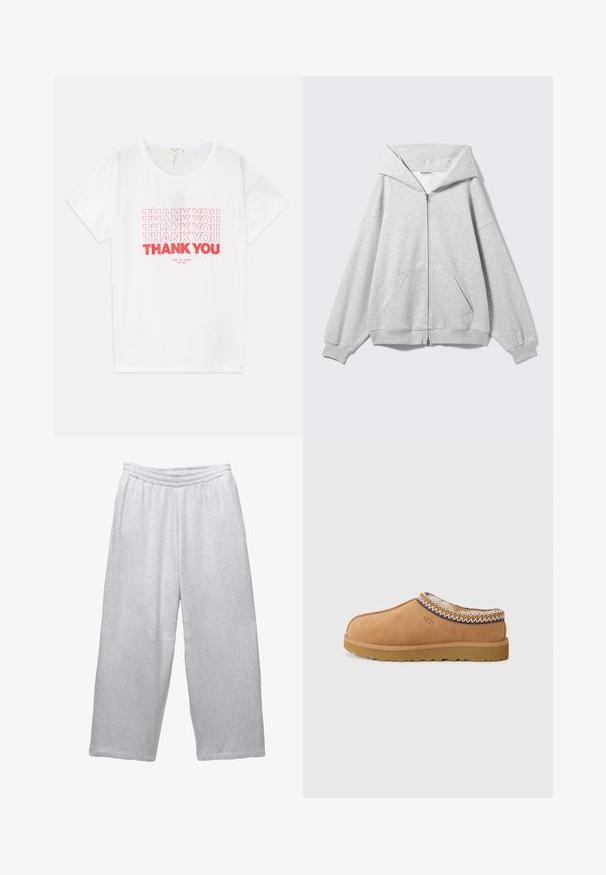 Gray zip-up hoodie with a large hood, oversized fit, kangaroo pocket, ribbed cuffs, and hem. Made from soft, textured cotton fabric.; White cotton t-shirt featuring multiple "THANK YOU" graphics in red, with a round neckline and short sleeves. Text in varying font sizes.; Light gray wide-leg sweatpants with elastic waistband and stitched seams on a white background.; Tan suede slip-on shoe with a textured wool lining and decorative ethnic-style stitching around the collar. Features a rubber sole.