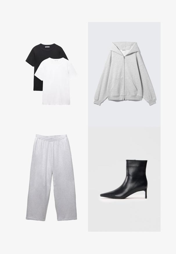 Gray zip-up hoodie with a large hood, oversized fit, kangaroo pocket, ribbed cuffs, and hem. Made from soft, textured cotton fabric.; Two crew-neck t-shirts, one black and one white. Made from soft cotton, featuring short sleeves and a simple, classic design.; Light gray wide-leg sweatpants with elastic waistband and stitched seams on a white background.; Black leather ankle boot with a pointed toe, sleek design, and a slender kitten heel. Smooth texture with no visible embellishments.