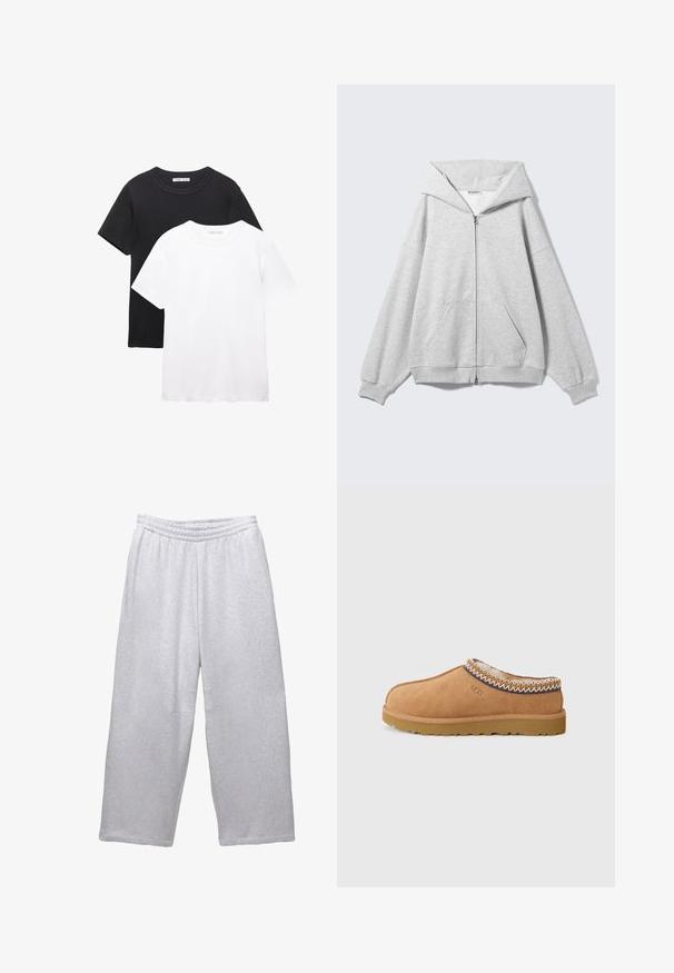 Szara bluza z kapturem zapinana na zamek, z dużym kapturem, luźnym krojem, kieszenią typu kangur, ściągaczami na mankietach i dole. Wykonana z miękkiej, teksturowanej bawełnianej tkaniny.; Dwie koszulki z okrągłym dekoltem, jedna czarna, a druga biała. Wykonane z miękkiej bawełny, z krótkimi rękawami i prostym, klasycznym designem.; Jasnoszare szerokie spodnie dresowe z elastycznym pasem i przeszyciami na białym tle.; Beżowe zamszowe buty wsuwane z teksturowaną wełnianą podszewką i dekoracyjnym etnicznym haftem wokół kołnierza. Posiadają gumową podeszwę.