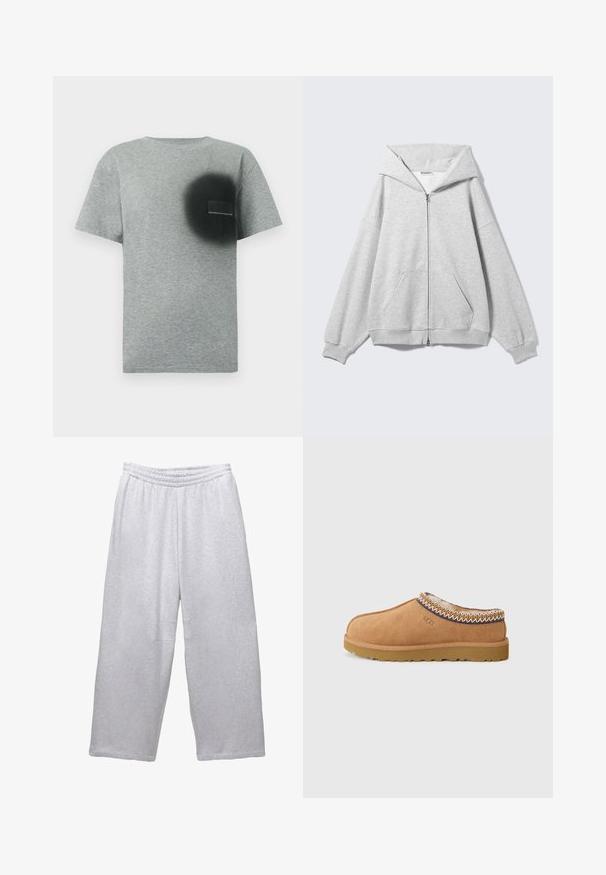 Hanorac gri cu fermoar, cu glugă mare, croială supradimensionată, buzunar tip cangur, manșete și tiv striate. Confecționat din material moale din bumbac texturat.; Tricou gri cu mânecă scurtă, cu un design negru de vopsea tip spray în formă circulară și o mică aplicație dreptunghiulară pe zona pieptului stâng.; Pantaloni de trening largi, gri deschis, cu talie elastică și cusături pe un fundal alb.; Shoe slip-on din suede bej, cu o căptușeală textilă din lână și broderie decorativă de stil etnic în jurul gulerului. Prezintă o talpă din cauciuc.