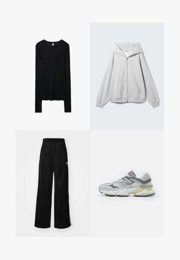 Szara bluza z kapturem zapinana na zamek, z dużym kapturem, luźnym krojem, kieszenią typu kangur, ściągaczami na mankietach i dole. Wykonana z miękkiej, teksturowanej bawełnianej tkaniny.; Czarna koszula z długim rękawem, wykonana z gładkiego dzianinowego materiału. Okrągły dekolt, dopasowany krój oraz wydłużone rękawy z delikatnym opadającym hemem.; Czarne szerokie spodnie dresowe z elastycznym pasem, z białymi paskami po bokach i małym logo na lewym biodrze. Gładka tekstura materiału.; Szare zamszowe i siateczkowe sneakersy z grubą białą i beżową podeszwą, z wyraźnym białym logo i czerwonymi akcentami.