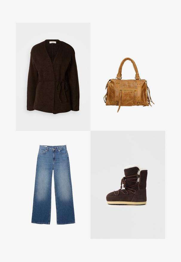 Dark brown knitted cardigan with a wrap design, open front, long sleeves, and a matching tie belt at the waist. Soft, textured fabric.; Long-sleeve cream top with a V-neck, featuring delicate lace trim at the neckline and lace accents at the cuffs. Soft fabric texture.; Wide-leg, light blue denim jeans with a faded appearance, five pockets, and a button closure at the waist. Cotton material, straight cut.; Brown suede boot with a white faux fur top, lace ties, and a tan rubber sole. The side features the text "MOON BOOT."; Tan leather handbag with two short handles, zip pocket, metal accents, and decorative side tassels. Soft texture with a slightly wrinkled finish.