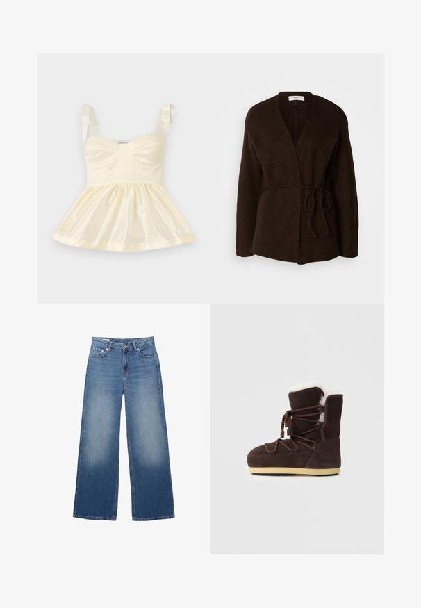 Temno rjav pleten cardigan z ovijem, odprt spredaj, dolgimi rokavi in ujemajočim se pasom na pasu. Mehka, teksturirana tkanina.; Svetlo rumena satenska bluzo z oprijetim korzetom, nabranim krilom in trakovi na ramenih. Na sprednji strani so vidne strukturirane podrobnosti.; Široke, svetlo modre kavbojke z bledejšim videzom, petimi žepi in gumbom za zapiranje v pasu. Iz bombažnega materiala, ravna kroja.; Rjavi semiš škorenj z belim umetnim krznom na vrhu, vezalkami in svetlo rjavim gumijastim podplatom. Na strani je napis "MOON BOOT."