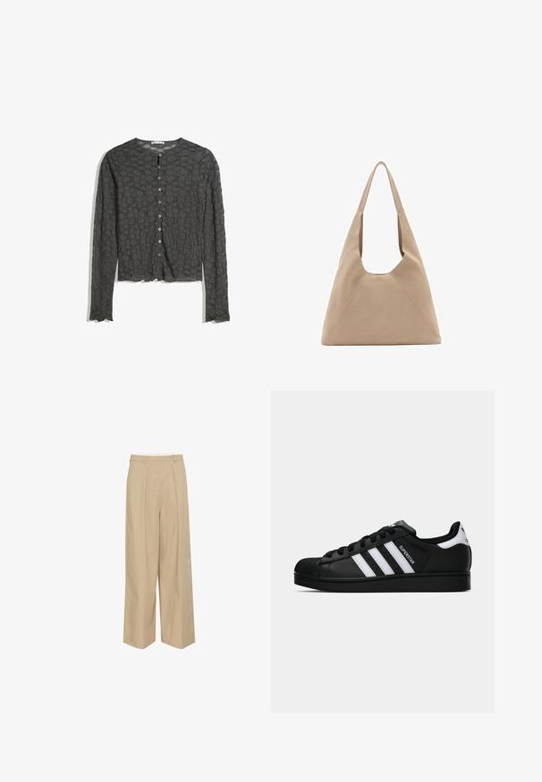 Mørkegrå blonde langærmet knap-up cardigan med blomstermønster og bølgede kanter ved ærmerne og kanten.; Kortærmet, rundhalset hvid t-shirt lavet af blød bomuld, med et simpelt, rent design uden synlige mønstre eller accenter.; Beige vide bukser med frontfolder, en taljebælte og en glat, let tekstur.; Sort Adidas Superstar sneaker med hvide striber, skaletå og "Superstar"-tekst på siden, vist i sideprofil på hvid baggrund.; Beige stof totebag med en unik trekantet form, brede skulderstropper og synlige sømdetaljer for ekstra struktur.