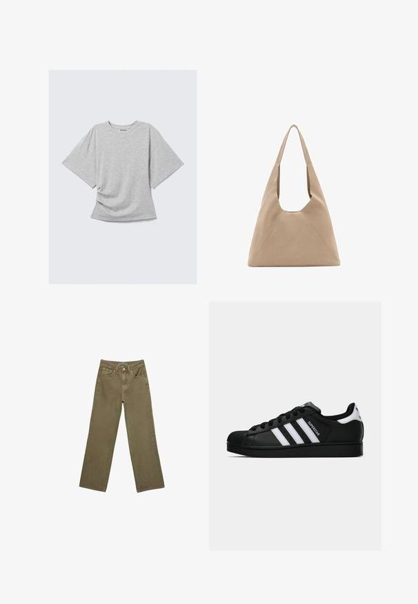 Dunkelgraue langärmlige Strickjacke mit Knopfleiste, floralem Muster und gewellten Kanten an den Ärmeln und dem Saum.; Hellgraues Kurzarm-T-Shirt mit Rundhalsausschnitt und leichter seitlicher Raffung, flach auf einem weißen Hintergrund ausgelegt.; Olivengrüne, weit geschnittene Jeans aus Baumwolle mit stabiler Textur. Sie verfügen über einen Reißverschluss, fünf Taschen und kontrastierende Nähte in der Nähe des Bundes.; Schwarzer Adidas Superstar Sneaker mit weißen Streifen, Schalenzehen und "Superstar"-Schriftzug an der Seite, im Seitenprofil auf weißem Hintergrund dargestellt.; Beige Stofftasche mit einzigartiger dreieckiger Form, breiten Schulterriemen und sichtbaren Nahtdetails für zusätzliche Stabilität.