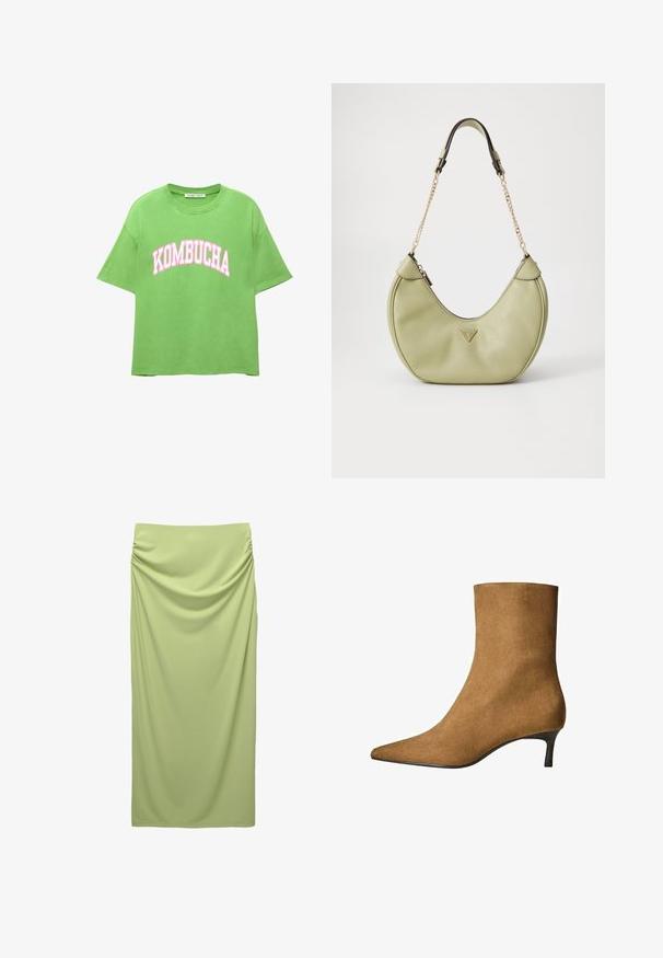 Cardigan lung roz tricotat, cu un croi lejer, umeri căzuți, manșete îndoite și două buzunare frontale. Design cu fața deschisă, fără închideri.; Tricou din bumbac verde cu o croială lejeră, gât rotund și mâneci scurte. Prezintă inscripția "KOMBUCHA" imprimată cu litere roz îndrăznețe pe față.; Fustă lungă, cu talie înaltă, dintr-un material moale, de culoare verde deschis. Prezintă detalii pliate pe lateral pentru textură și fall.; Cizme de gleznă din suede maro, cu vârf ascuțit și toc kitten de înălțime mică. Design elegant și aerisit, cu o textură netedă și accente minime.; Geantă de mână din piele verde, cu o formă curbată distinctivă, accent cu logo auriu, închidere cu fermoar și curea din lanț. Detaliu de suprafață texturată.