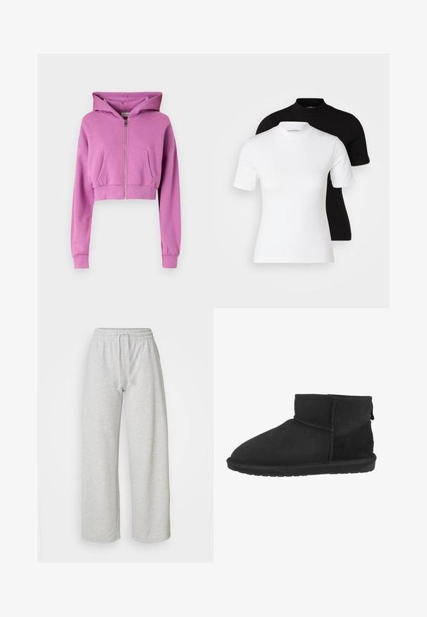 Geteilte rosa Kapuzenjacke mit Reißverschluss vorne, langen Ärmeln, zwei vorderen Taschen und verstellbarem Kapuzenzug aus einem weichen Baumwollmix.; Even&Odd Petite 2 PACK - T-Shirt basic - white/black; Even&Odd Petite Jogginghose - mottled light grey; Schwarze Knöchelstiefel aus Wildleder und weichem Stoff, mit einer runden Zehenpartie und einer flachen Gummisohle sowie einem kurzen, schmal zulaufenden Schaft.