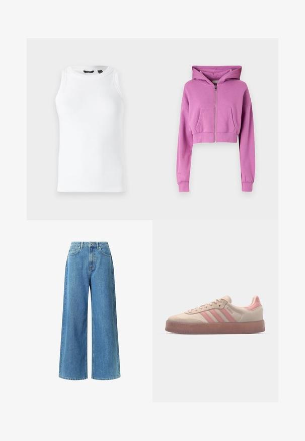 Lühendatud roosa kapuutsiga sviiter, ees lukuga, pikkade varrukatega, kahe ees oleva taskuga ja nööriga kapuuts, valmistatud pehmest puuvilla segus kangast.; Valge ribatud kampsun, millel on ümmargune kaelus ja varrukateta disain. Sile tekstuur ja nähtamatud kaunistused või metallosad.; Laia jalgadega teksad helesinisest denimist, kõrge vöökohaga, kahe esipocketiga, vöölingiga ja kergelt tekstuuriga mustriga.; Beežist nahkkingad heledate roosa aktsentidega, tekstuuriga kummitald, ning kolm roosa triipu külgedel. Ümar nina ja nööridega disain.