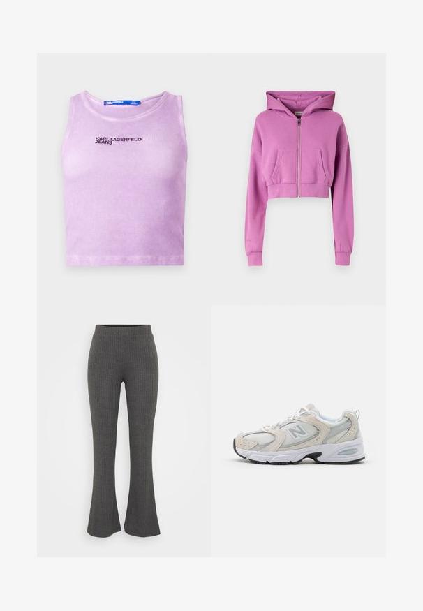 Utskjært rosa hettegenser med glidelås foran, lange ermer, to frontlommer og snøring på hetten laget av myk bomullsblanding.; Lys lilla ribbet croppet tanktopp med rund hals og "KARL LAGERFELD JEANS" brodert i mørk tråd på brystet.; Grå ribbet strikkede flared bukser med høy midje. Designet har teksturerte vertikale striper og en avslappet passform ved kanten.; Idrettssko med en lys grå mesh-overdel med semsket skinn-detaljer, hvite snører og en svart gummisåle. Merkbar ABZORB-demping.