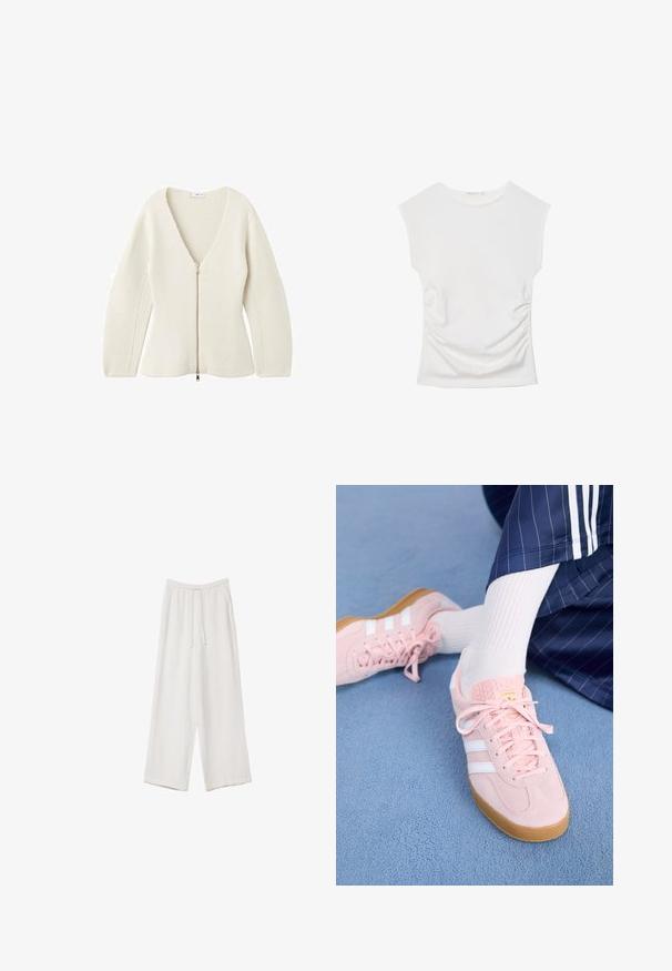 Cream-colored knit cardigan with a deep V-neck and full-length sleeves, featuring a front zipper with a metallic pull tab.; White sleeveless top with round neckline and subtle side ruching, displayed flat against a white background.; White wide-leg trousers made from a lightweight fabric. Features an elastic waistband with a drawstring and side pockets. Smooth texture.; Light pink suede sneakers with white stripes and laces, featuring a textured tongue and a gum sole, placed on a blue carpet.