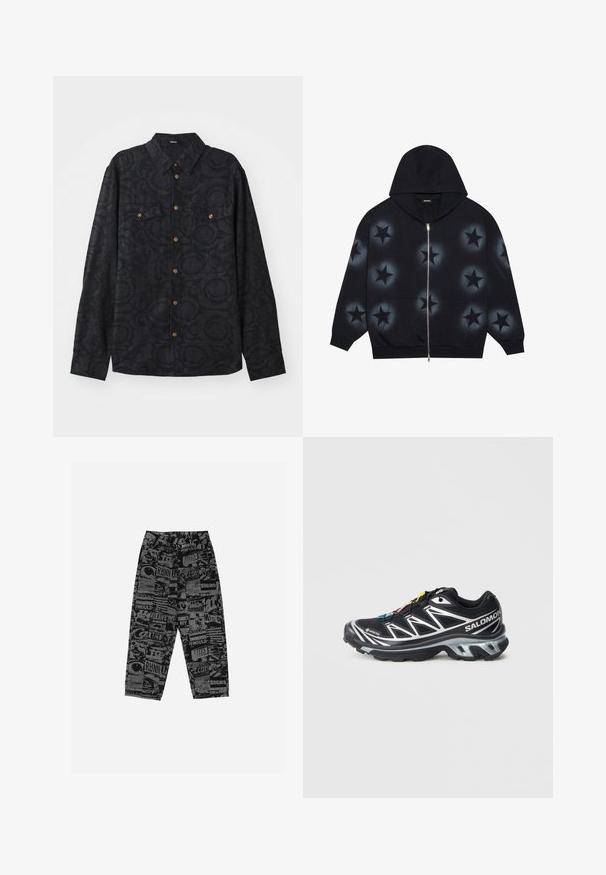 YOURTURN UNISEX - Zip-up sweatshirt - schwarz; Long-sleeve black shirt with a textured pattern, two chest pockets, and brown buttons on a button-up front. Collared design.; Black pants featuring a graphic print with various texts and images. Made from lightweight fabric, they have a relaxed fit and straight legs.; Black running shoe with silver accents, GORE-TEX material, textured sole, and colorful laces. Features a cushioned heel for support.