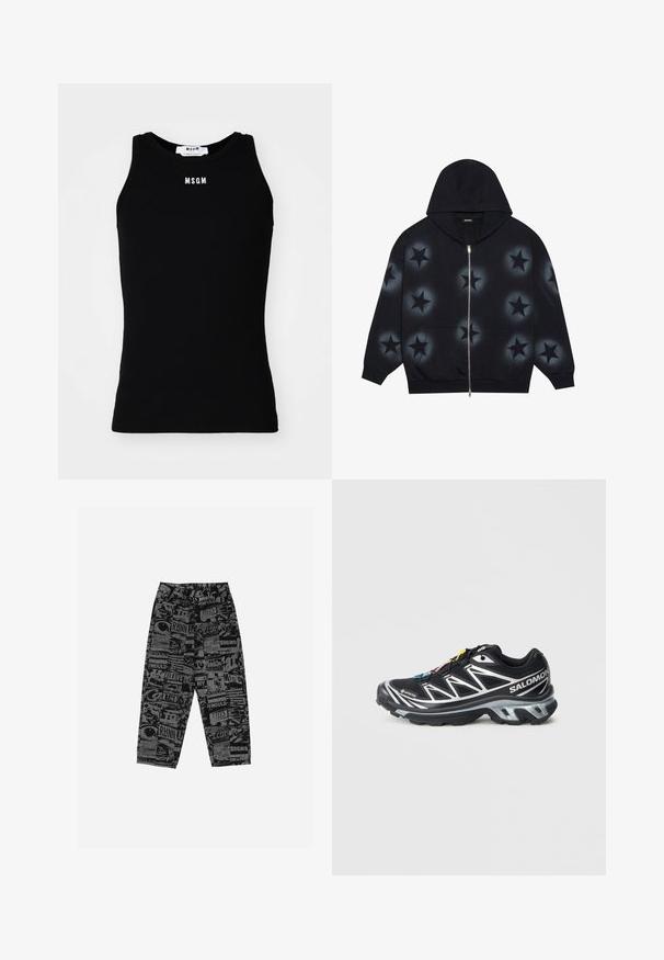YOURTURN UNISEX - Športna jopa s kapuco na zadrgo - schwarz; Črna majica brez rokavov z rebrasto teksturo, okroglo izrezana, z belim logotipom "MSGM" spredaj. Enostaven dizajn, brez vzorcev.; Črne hlače z grafičnim potiskom z različnimi napisi in slikami. Narejene so iz lahkega materiala, imajo sproščen kroj in ravne noge.; Črne tekaške čevlje s srebrnimi akcenti, GORE-TEX materialom, teksturiranim podplatom in barvnimi vezalkami. Imajo oblazinjeno peto za podporo.