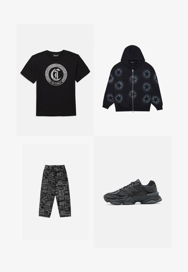 YOURTURN UNISEX - Sweater met rits - schwarz; Zwart T-shirt met korte mouwen met een circulair zilveren slangontwerp dat een gotische letter "J" omringt en de tekst "Just Cavalli" daaronder.; Zwarte broek met een grafisch patroon van verschillende teksten en afbeeldingen. Gemaakt van lichtgewicht stof, hebben ze een losse pasvorm en rechte pijpen.; Zwarte hardloopschoen met een mix van mesh en synthetische materialen, een stevige zool, gebogen ontwerp en prominente branding op de zijkant.
