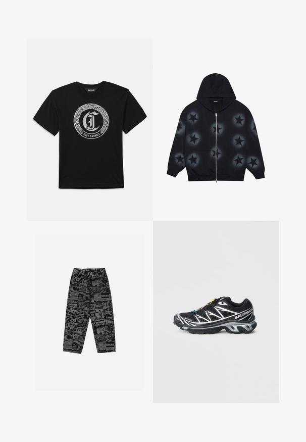YOURTURN UNISEX - Užtrauktuku užsegamas treningas - schwarz; Juodas trumpas rankovėmis marškinėliai su apvaliu sidabriniu gyvatės dizainu, aplink Gothico stiliaus laišką "J" ir tekstu "Just Cavalli" apačioje.; Juodi kelnės su grafiniu spaudiniu, kuriame yra įvairių tekstų ir vaizdų. Pagamintos iš lengvos medžiagos, jos turi laisvą siluetą ir tiesias kojas.; Juodas bėgimo batai su sidabrinėmis detalėmis, GORE-TEX medžiaga, tekstūruota padas ir spalvoti raišteliai. Yra minkštas kulnas, suteikiantis paramą.