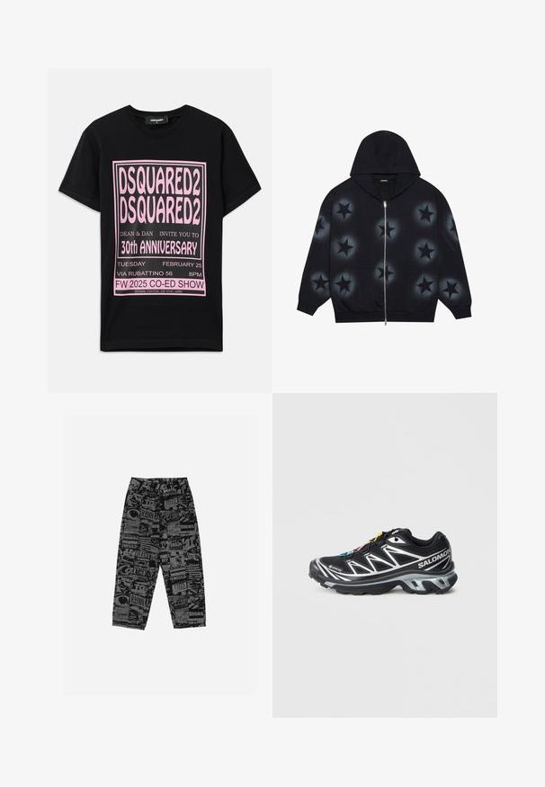 YOURTURN UNISEX - Mikina na zip - schwarz; Černé bavlněné tričko s velkým růžovým grafickým textem. Design zahrnuje podrobnosti o akci v různých velikostech písem a další informace dole.; Černé kalhoty s grafickým potiskem, obsahujícím různé texty a obrázky. Vyrobeny z lehkého materiálu, mají volný střih a rovné nohavice.; Černá běžecká bota se stříbrnými akcenty, materiál GORE-TEX, strukturovaná podrážka a barevné šňůrky. Má polstrovanou patu pro podporu.