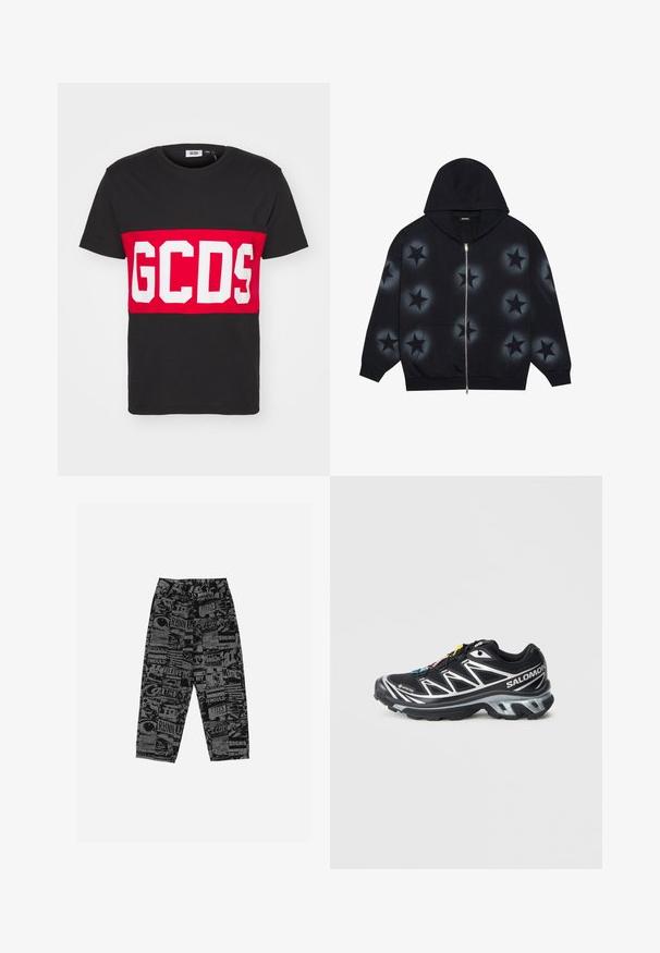 YOURTURN UNISEX - Užtrauktuku užsegamas treningas - schwarz; GCDS BAND LOGO REGULAR - Marškinėliai su spaudiniu - black; Juodi kelnės su grafiniu spaudiniu, kuriame yra įvairių tekstų ir vaizdų. Pagamintos iš lengvos medžiagos, jos turi laisvą siluetą ir tiesias kojas.; Juodas bėgimo batai su sidabrinėmis detalėmis, GORE-TEX medžiaga, tekstūruota padas ir spalvoti raišteliai. Yra minkštas kulnas, suteikiantis paramą.