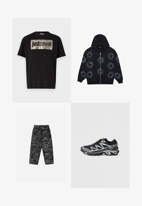 YOURTURN UNISEX - Sweatjakke - schwarz; Svart t-skjorte med korte ermer har et rektangulært grafisk trykk med sølv- og gullfargede tigerstriper og "JustCavalli"-tekst i fete svarte bokstaver.; Sorte bukser med grafisk trykk som inneholder forskjellige tekster og bilder. Laget av lett materiale, har de en løs passform og rette ben.; Svart løpesko med sølvfarger, GORE-TEX-materiale, teksturert såle og fargerike lisser. Har en polstret hæl for støtte.