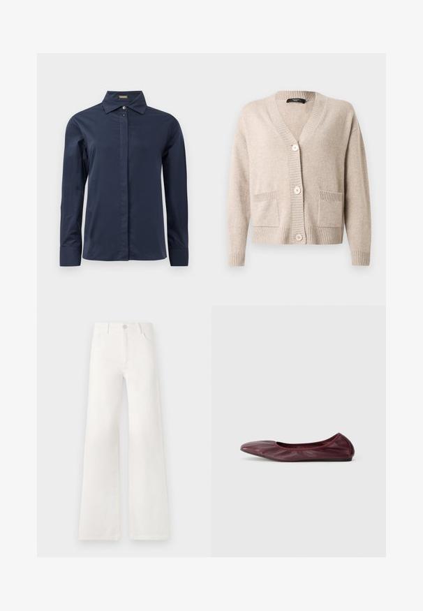 Beige knitted cardigan with V-neck, three large buttons, long sleeves, ribbed cuffs and hem, and two front patch pockets.; Navy blue, long-sleeved button-up shirt with a smooth, lightweight fabric. Features a classic collar and a discreet front placket.; White, high-waisted wide-leg jeans made of denim. Features a button closure, two front pockets, and side seams with stitching details.; Ballet flat in deep burgundy leather, featuring a rounded toe, elasticized rim, and smooth texture with subtle pleating detail.