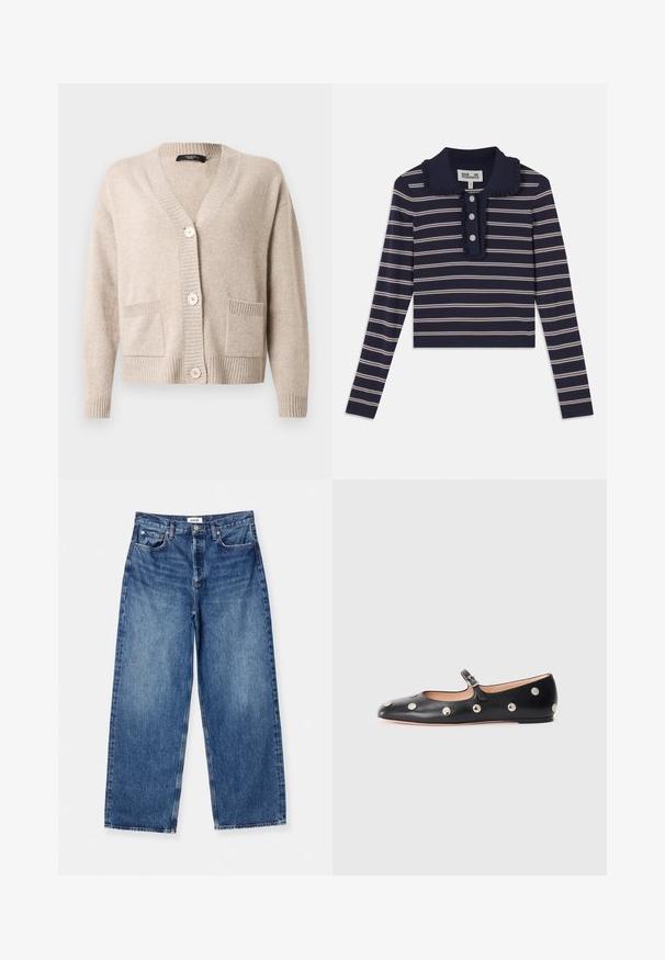 Béžový pletený sveter s výstrihom do V, tromi veľkými gombíkmi, dlhými rukávmi, rebrovanými manžetami a lemom a dvomi prednými našitými vreckami.; Námornícka dlhá rukávová košeľa s ružovými horizontálnymi pruhmi, volánovým golierom a prednou légou na tri gombíky; vyrobená z mäkkého, elastického materiálu.; Svetlomodré rifľové nohavice s širokými nohavicami, vyrobené z denimovej tkaniny, s klasickým dizajnom piatich vreciek, viditeľným prešívaním a stredne vysokým pásom.; Čierne kožené baleríny typu Mary Jane s okrúhlou špičkou, so striebornými kruhovými cvokmi a nastaviteľným remienkom so sponou.
