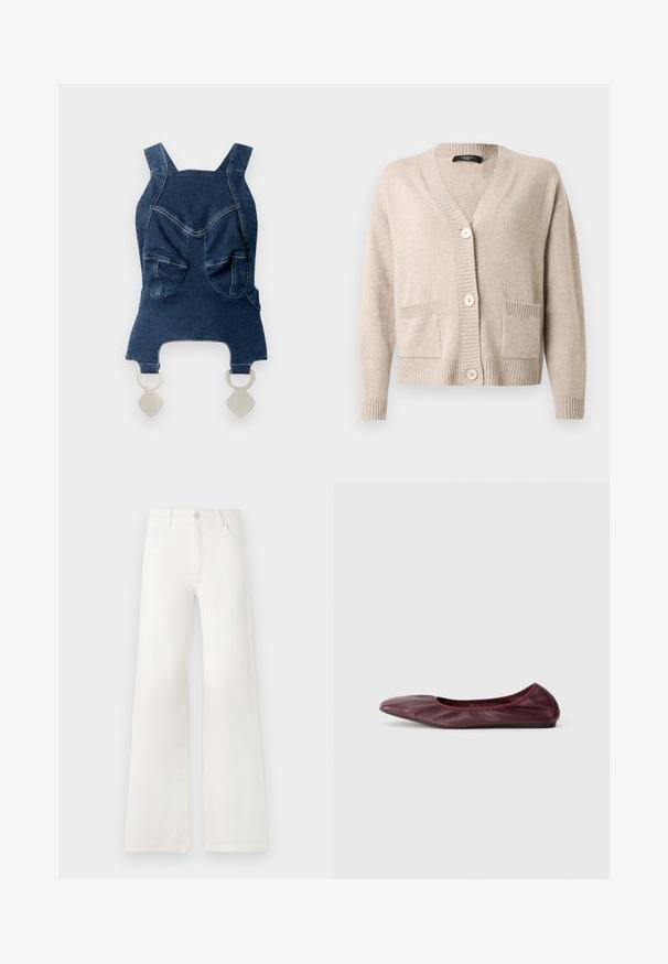 Beige knitted cardigan with V-neck, three large buttons, long sleeves, ribbed cuffs and hem, and two front patch pockets.; Denim top with wide shoulder straps, two front pockets, a curved neckline, and silver hardware at the bottom for fastening.; White, high-waisted wide-leg jeans made of denim. Features a button closure, two front pockets, and side seams with stitching details.; Ballet flat in deep burgundy leather, featuring a rounded toe, elasticized rim, and smooth texture with subtle pleating detail.