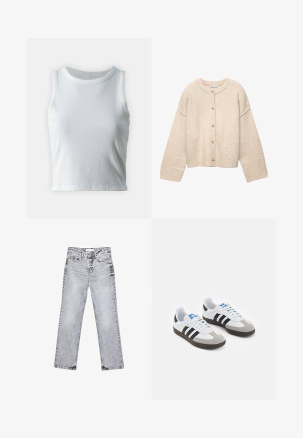 Cardigans a maglia beige con scollo rotondo, chiusura frontale con bottoni, polsini a coste e orlo corto, realizzato in un tessuto morbido.; Top a canotta bianco a coste con scollatura rotonda e senza maniche, caratterizzato da un orlo dritto e una texture liscia e elastica.; Jeans in denim grigio con taglio dritto, dettagli sfilacciati, cinque tasche e rivetti in rame. La cintura presenta un'etichetta con il logo.; Scarpe sportive con tomaia in pelle bianca, punta in suede grigia e tre strisce nere. Presentano un logo blu sulla linguetta e una suola in gomma testurizzata.