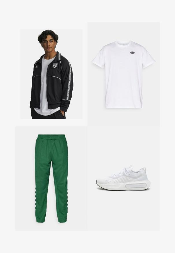Sort atletisk jakke med hvide accenter og sidelister. Har lynlås foran, ståkrave og broderet logo på brystet.; Hvid kortærmet t-shirt lavet af bomuld med rund halsudskæring. Har et lille sort Under Armour-logo på brystet.; Grønne sportsbukser med elastisk talje, sidelommer og hvide skrå striber på de nedre sider. Glat stofstruktur.; Hvid atletiksko med et struktureret strikoverdel, snørelukning, polstret sål og et karakteristisk branddetalje på siden.
