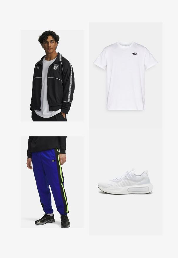 Black athletic jacket with white accents and side stripes. Features a zip front, stand collar, and embroidered logo on the chest.; White short-sleeve t-shirt made of cotton with a round neckline. Features a small black Under Armour logo on the chest.; Blue nylon track pants feature black and neon green side stripes; includes an embroidered logo near the waist; elastic waistband and cuffs.; White athletic shoe with a textured knit upper, lace-up closure, cushioned sole, and a distinctive branding detail on the side.