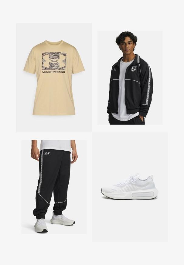 Črna športna jakna z belimi akcenti in bočnimi črtami. Ima zadrgo spredaj, stoječ ovratnik in vezeno logo na prsih.; Bež majica iz bombaža s kratkimi rokavi. Ima logotip Under Armour v kamuflažnem vzorcu in temno napis pod logotipom.; Črne trenirke iz gladkega materiala, opremljene z belimi črtami in stranskimi trakovi z logotipom. Oprijet kroj z elastičnimi manšetami na gležnjih.; Bela športna čevlja s teksturirano pletenino, vezanjem na vezalke, blaženim podplatom in značilnim logotipom na strani.