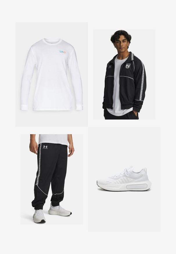 Black athletic jacket with white accents and side stripes. Features a zip front, stand collar, and embroidered logo on the chest.; Long-sleeve white T-shirt with a round neckline and soft texture. Features a blue “UA” logo and contrasting orange accent.; Black track pants made of smooth fabric, featuring white piping and side stripes with a logo. Tapered fit with elastic cuffs at the ankles.; White athletic shoe with a textured knit upper, lace-up closure, cushioned sole, and a distinctive branding detail on the side.
